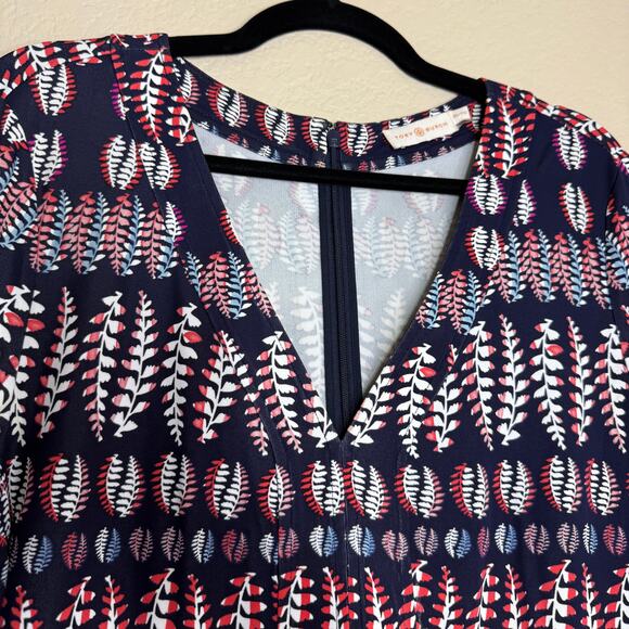 Tory Burch Printed Long Sleeve Dress Navy Multicolor Size XL V-Neck Boho Shift - Picture 7 of 14